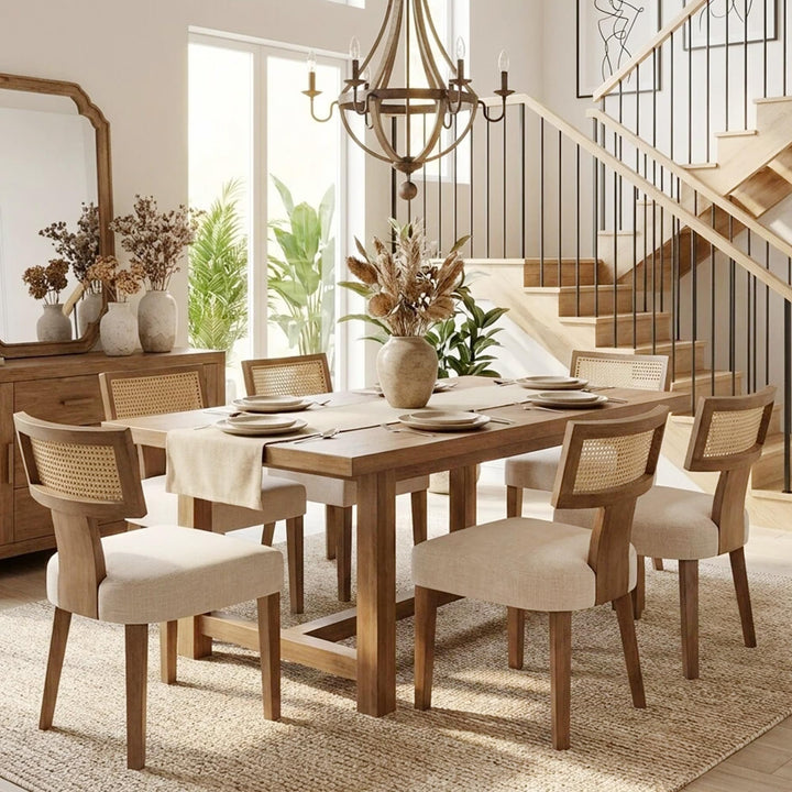 HNY Mid Century Modern Rattan Dining Chairs Set of 6, Linen Upholstered Kitchen &amp; Dining Room Chairs with Ergonomic Curved Back, Solid Wood Frame, Farmhouse Accent Chairs for Home, Apartment, Beige 
