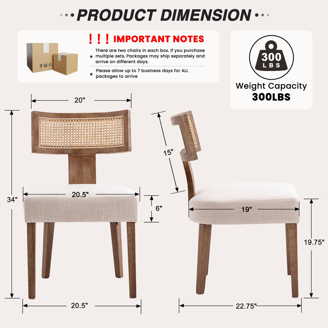 HNY Mid Century Modern Rattan Dining Chairs Set of 6, Linen Upholstered Kitchen &amp; Dining Room Chairs with Ergonomic Curved Back, Solid Wood Frame, Farmhouse Accent Chairs for Home, Apartment, Beige 