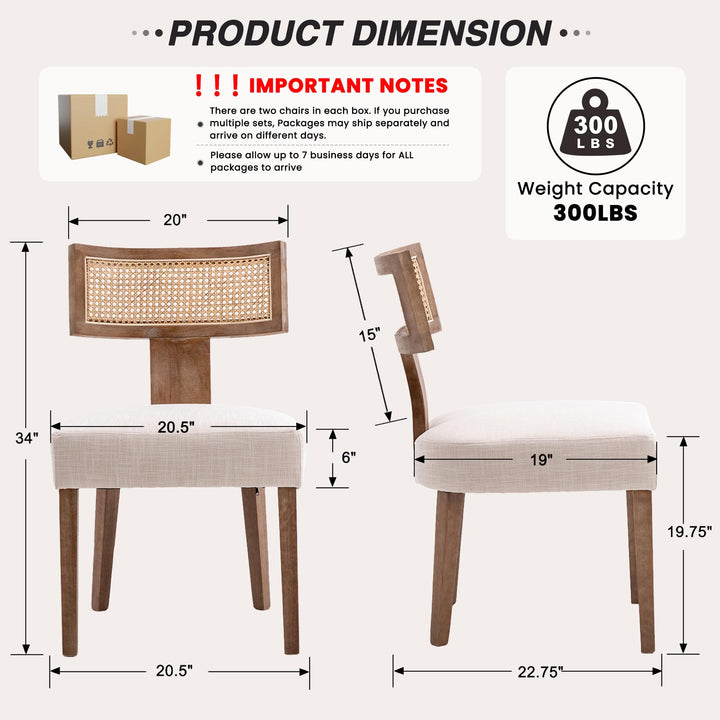 HNY Mid Century Modern Rattan Dining Chairs Set of 6, Linen Upholstered Kitchen &amp; Dining Room Chairs with Ergonomic Curved Back, Solid Wood Frame, Farmhouse Accent Chairs for Home, Apartment, Beige 