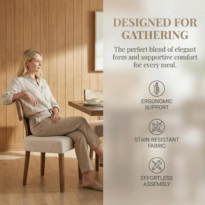 HNY Mid Century Modern Rattan Dining Chairs Set of 6, Linen Upholstered Kitchen &amp; Dining Room Chairs with Ergonomic Curved Back, Solid Wood Frame, Farmhouse Accent Chairs for Home, Apartment, Beige 