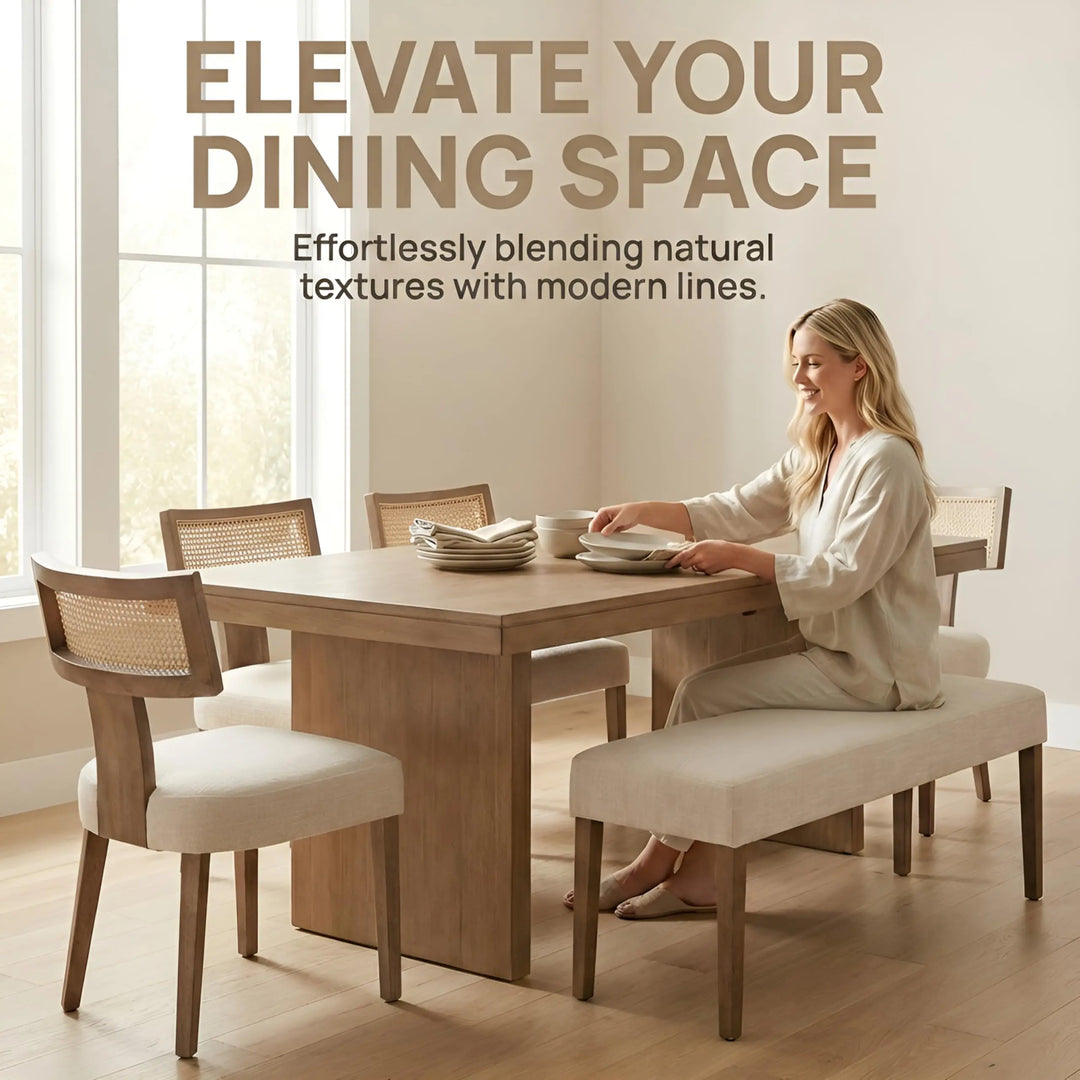 HNY Mid Century Modern Rattan Dining Chairs Set of 6, Linen Upholstered Kitchen &amp; Dining Room Chairs with Ergonomic Curved Back, Solid Wood Frame, Farmhouse Accent Chairs for Home, Apartment, Beige 