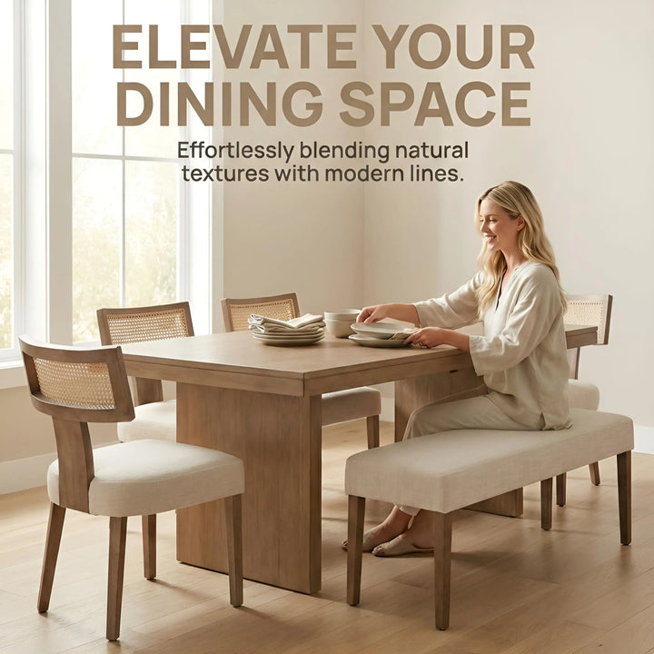 HNY Mid Century Modern Rattan Dining Chairs Set of 6, Linen Upholstered Kitchen &amp; Dining Room Chairs with Ergonomic Curved Back, Solid Wood Frame, Farmhouse Accent Chairs for Home, Apartment, Beige 
