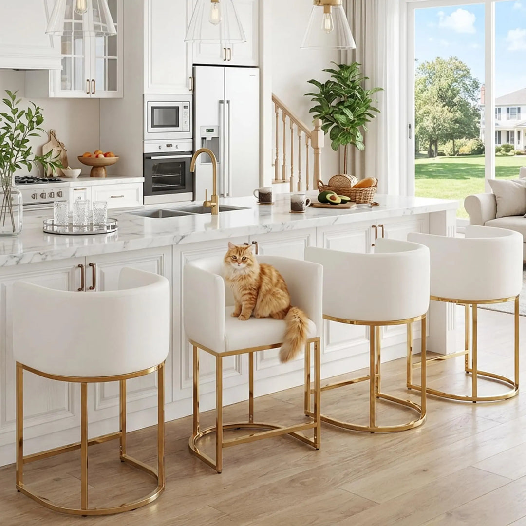 HNY Modern Barrel Counter Height Bar Stools, Set of 4, 24 Inch, Gold &amp; White