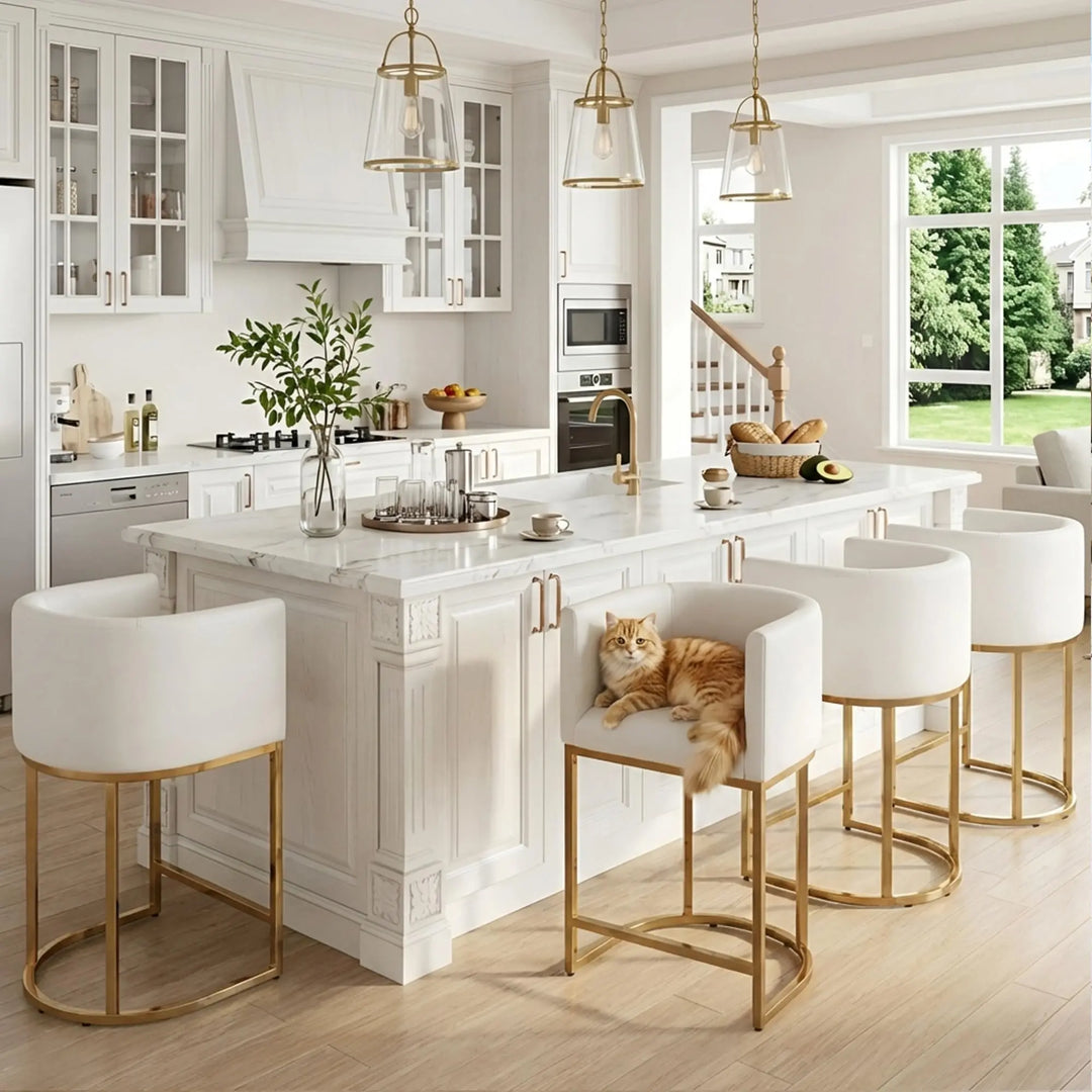 HNY Modern Barrel Counter Height Bar Stools, Set of 4, 24 Inch, Gold &amp; White