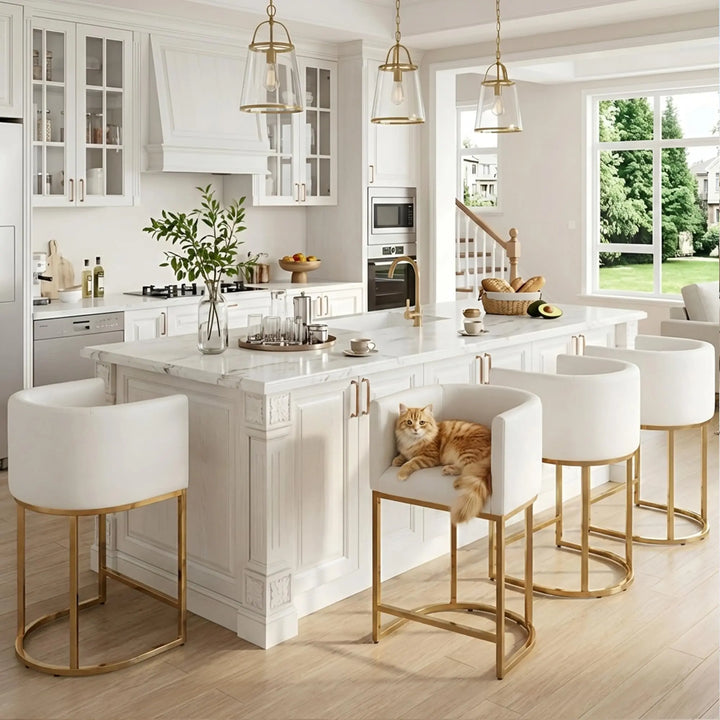 HNY Modern Barrel Counter Height Bar Stools, Set of 4, 24 Inch, Gold &amp; White