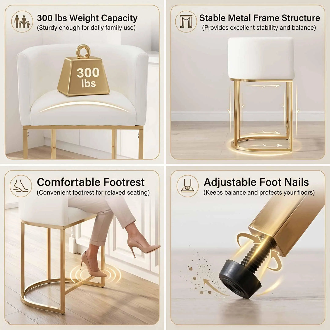 HNY Modern Barrel Counter Height Bar Stools, Set of 4, 24 Inch, Gold &amp; White