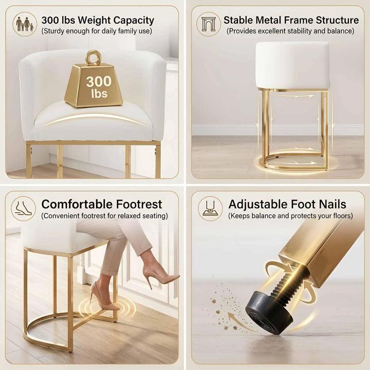 HNY Modern Barrel Counter Height Bar Stools, Set of 4, 24 Inch, Gold &amp; White