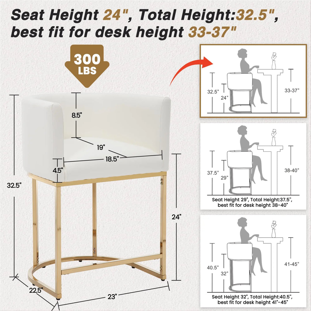 HNY Modern Barrel Counter Height Bar Stools, Set of 4, 24 Inch, Gold &amp; White