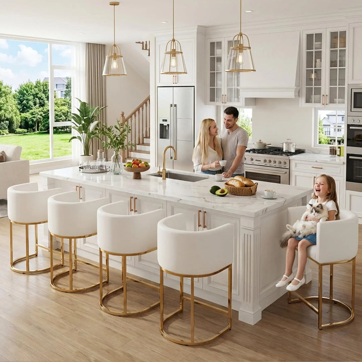 HNY Modern Barrel Counter Height Bar Stools, Set of 4, 24 Inch, Gold &amp; White