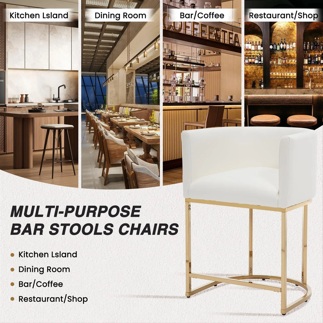 HNY Modern Barrel Counter Height Bar Stools, Set of 4, 24 Inch, Gold &amp; White