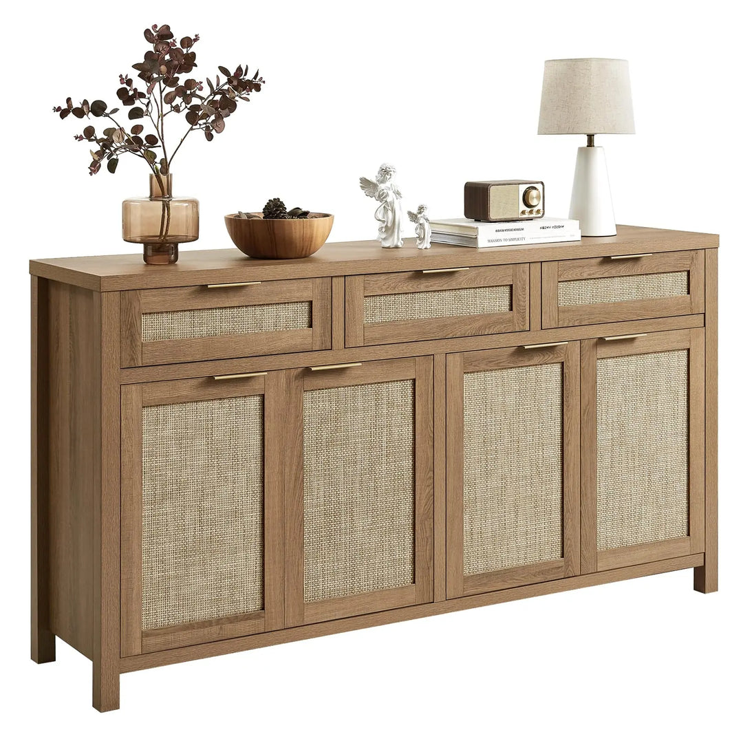 HOKYHOKY 63" Rattan Sideboard Buffet Cabinet, Boho Storage Cabinet