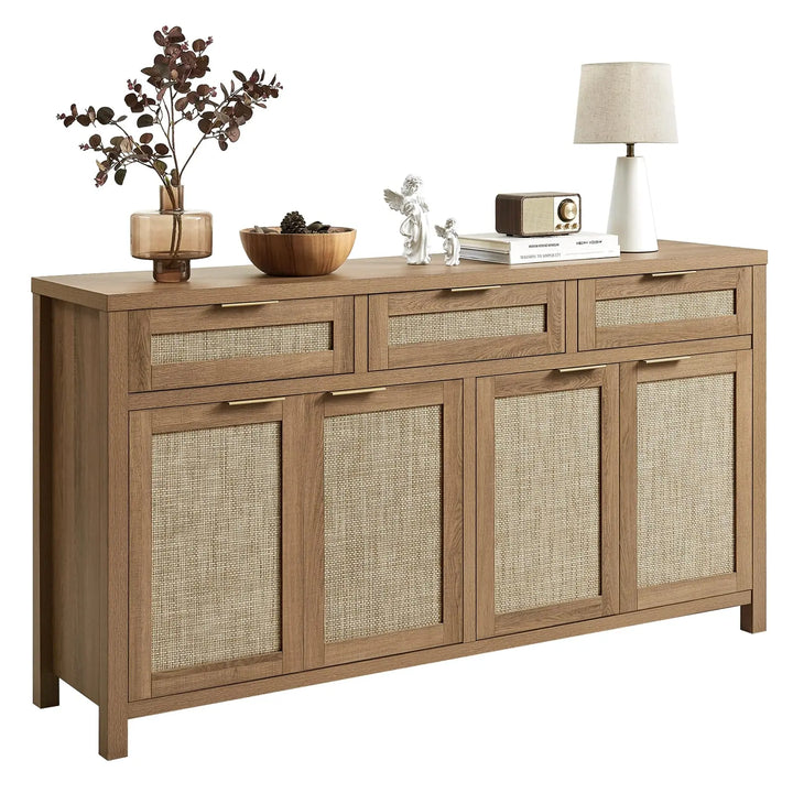 HOKYHOKY 63" Rattan Sideboard Buffet Cabinet, Boho Storage Cabinet