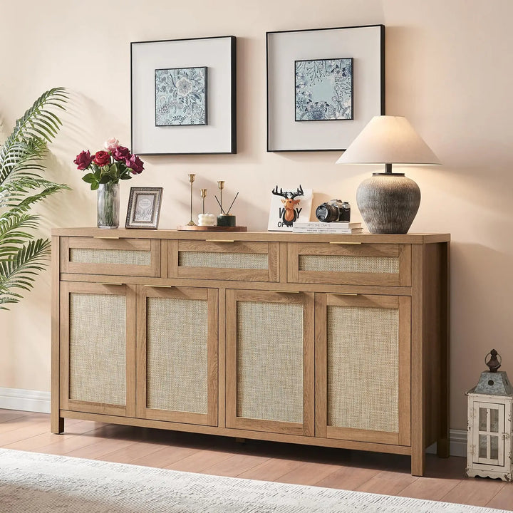 HOKYHOKY 63" Rattan Sideboard Buffet Cabinet, Boho Storage Cabinet