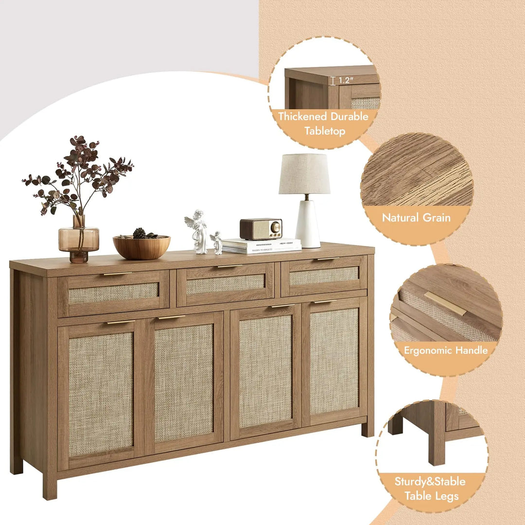 HOKYHOKY 63" Rattan Sideboard Buffet Cabinet, Boho Storage Cabinet