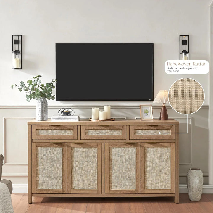 HOKYHOKY 63" Rattan Sideboard Buffet Cabinet, Boho Storage Cabinet