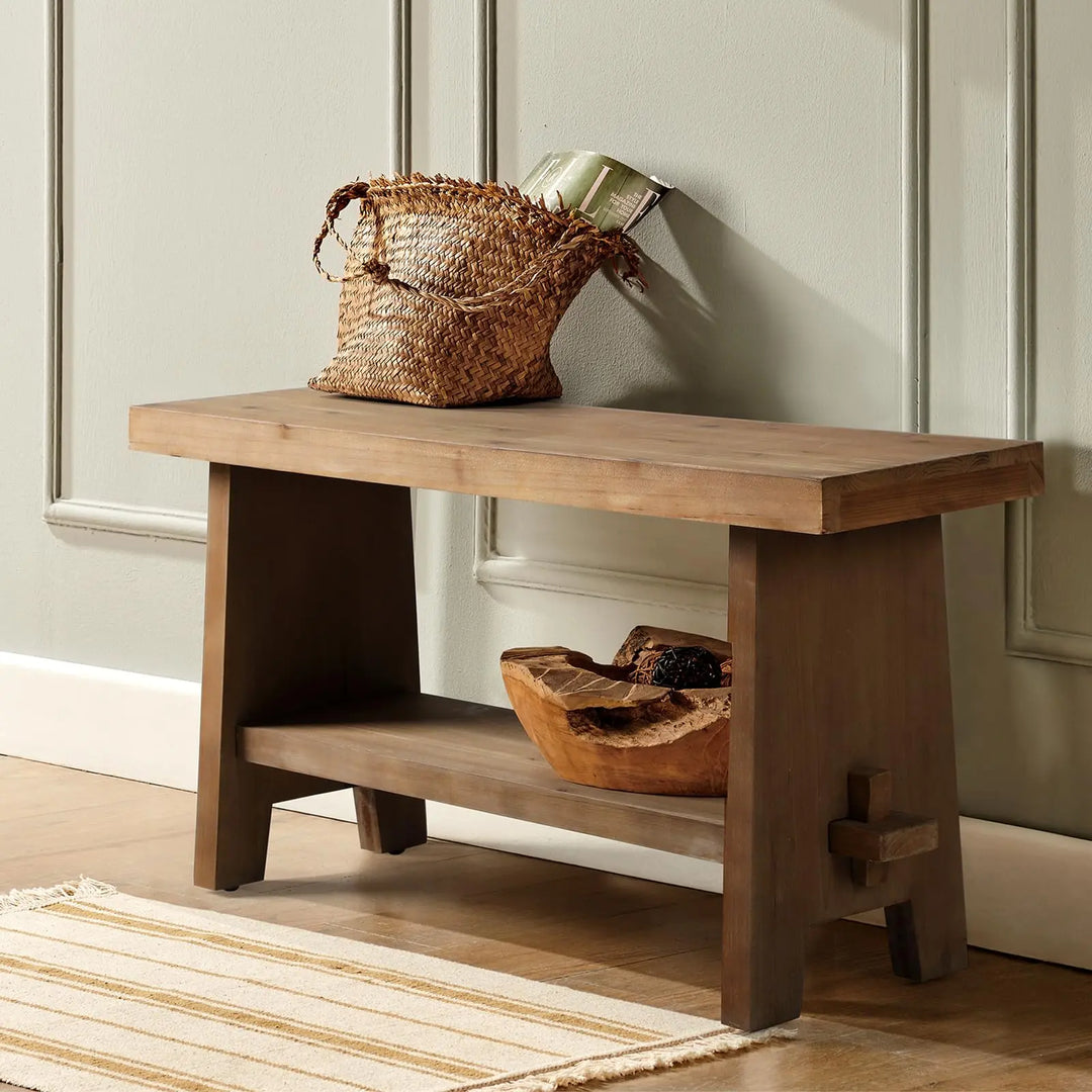 HOKYHOKY Wood Entryway Bench, 31.5 Inch Farmhouse Small Storage Bench, Brown