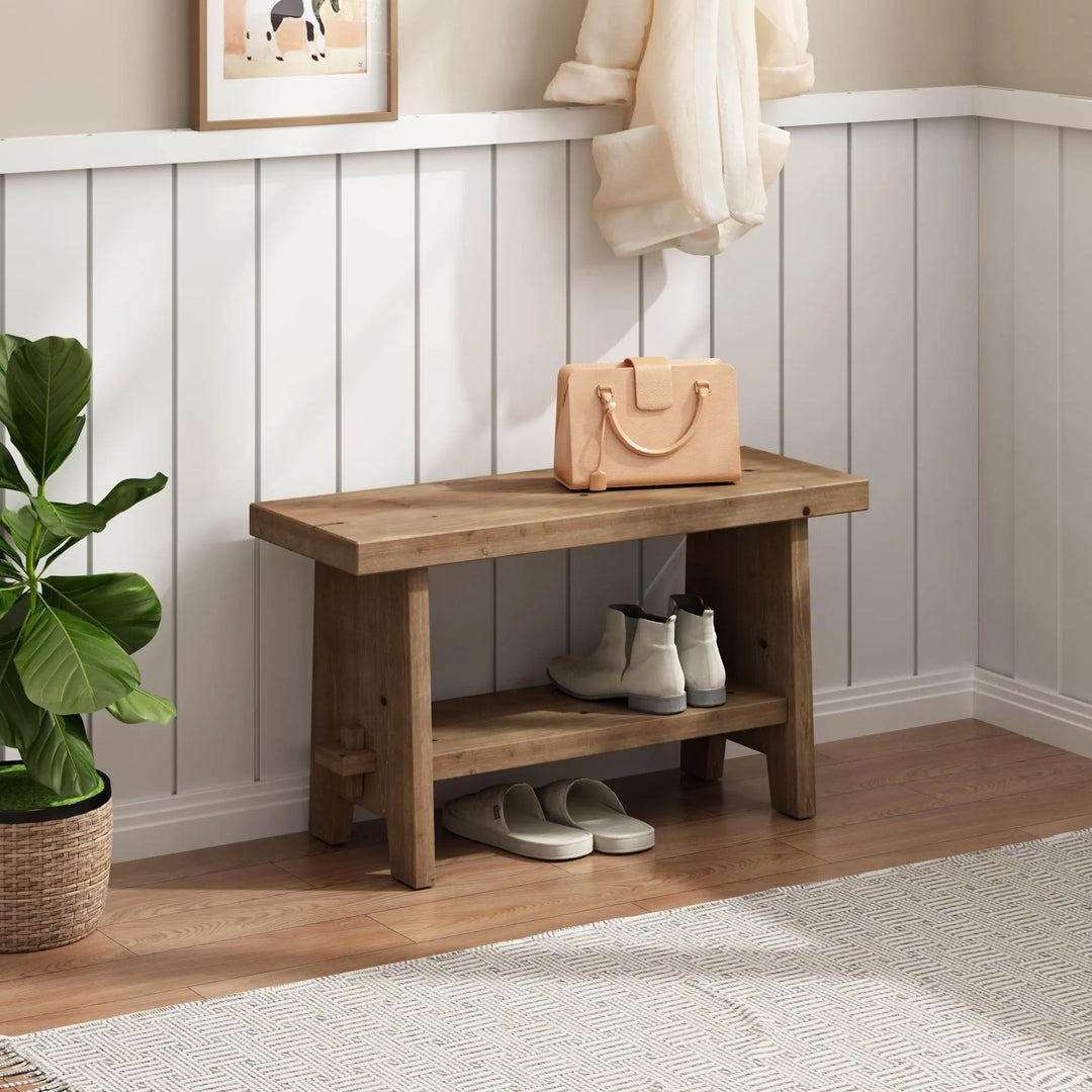 HOKYHOKY Wood Entryway Bench, 31.5 Inch Farmhouse Small Storage Bench, Brown