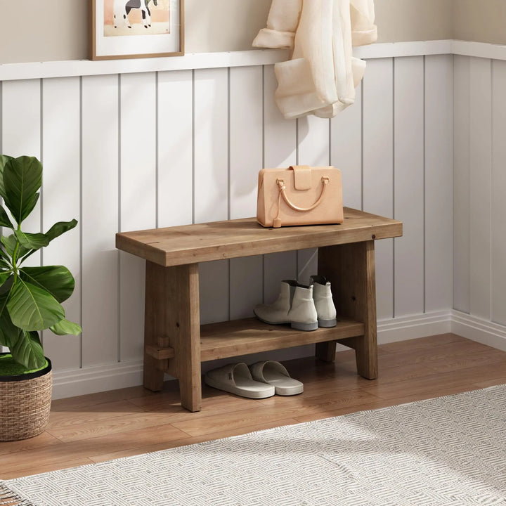 HOKYHOKY Wood Entryway Bench, 31.5 Inch Farmhouse Small Storage Bench, Brown