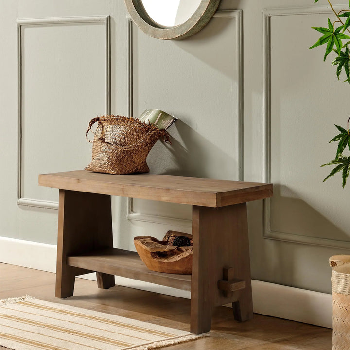 HOKYHOKY Wood Entryway Bench, 31.5 Inch Farmhouse Small Storage Bench, Brown