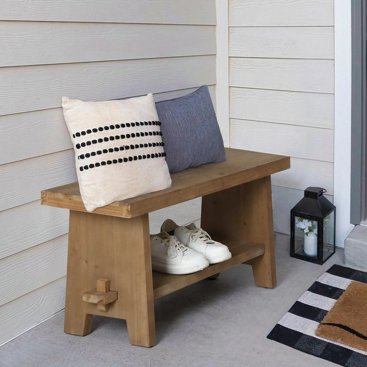 HOKYHOKY Wood Entryway Bench, 31.5 Inch Farmhouse Small Storage Bench, Brown