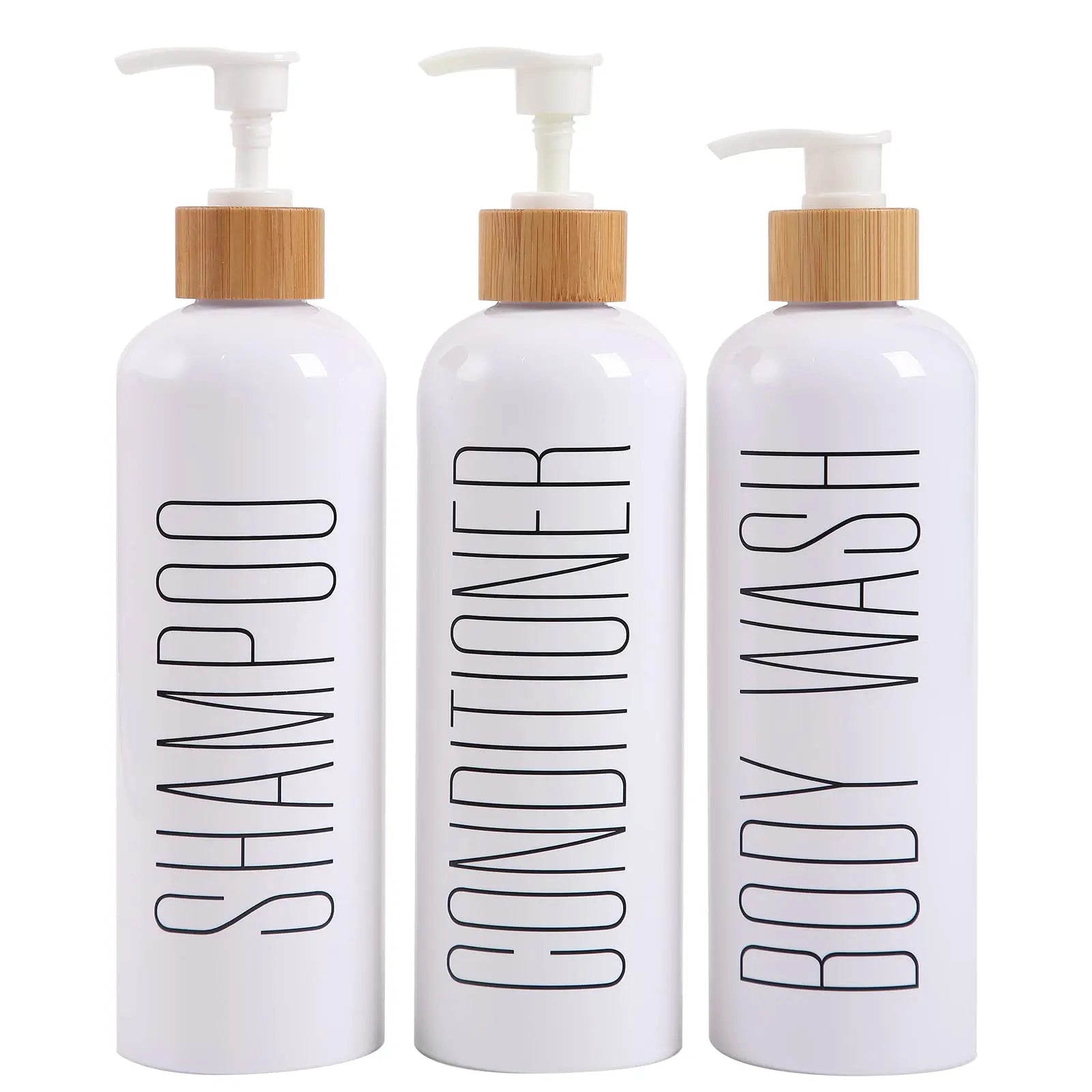 HOMCDALY Shampoo and Conditioner Dispenser, 16oz 3-Pack Refillable Shampoo and Conditioner Bottles, Empty Shampoo Bottles Refillable with Bamboo Pump, Bathroom Shower Shampoo Dispenser Set 