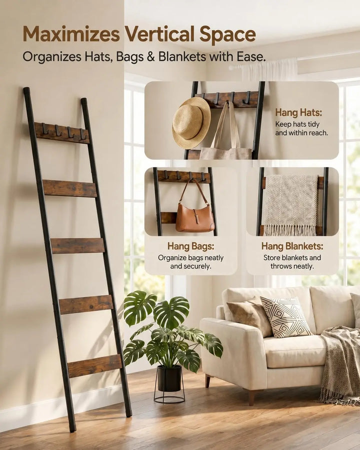 HOOBRO Blanket Ladder, 5-Tier Towel Rack with Hooks, Wall-Leaning