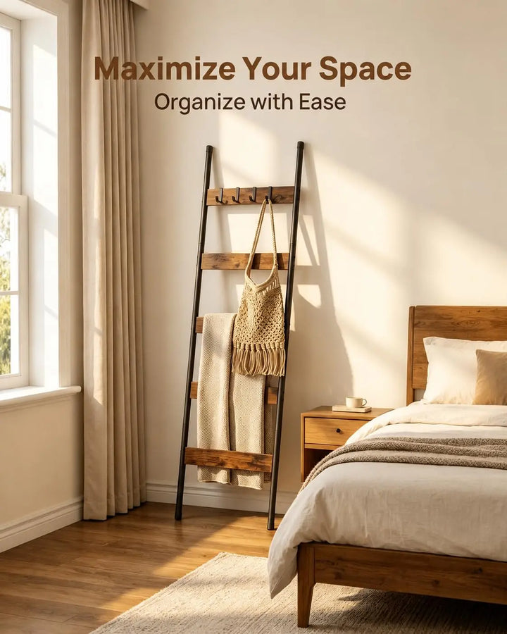 HOOBRO Blanket Ladder, 5-Tier Towel Rack with Hooks, Wall-Leaning