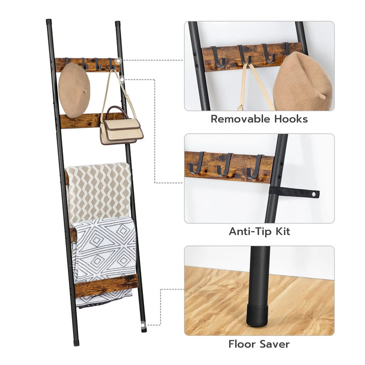 HOOBRO Blanket Ladder, 5-Tier Towel Rack with Hooks, Wall-Leaning