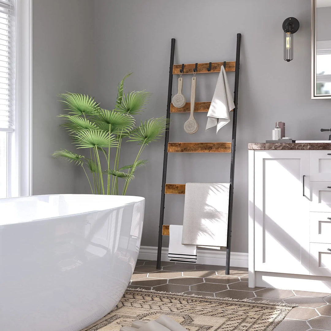 HOOBRO Blanket Ladder, 5-Tier Towel Rack with Hooks, Wall-Leaning