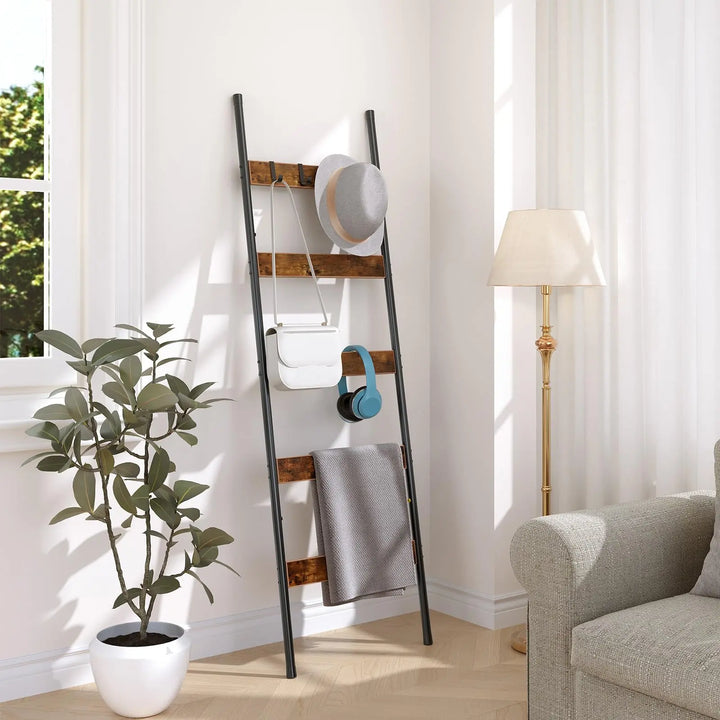HOOBRO Blanket Ladder, 5-Tier Towel Rack with Hooks, Wall-Leaning