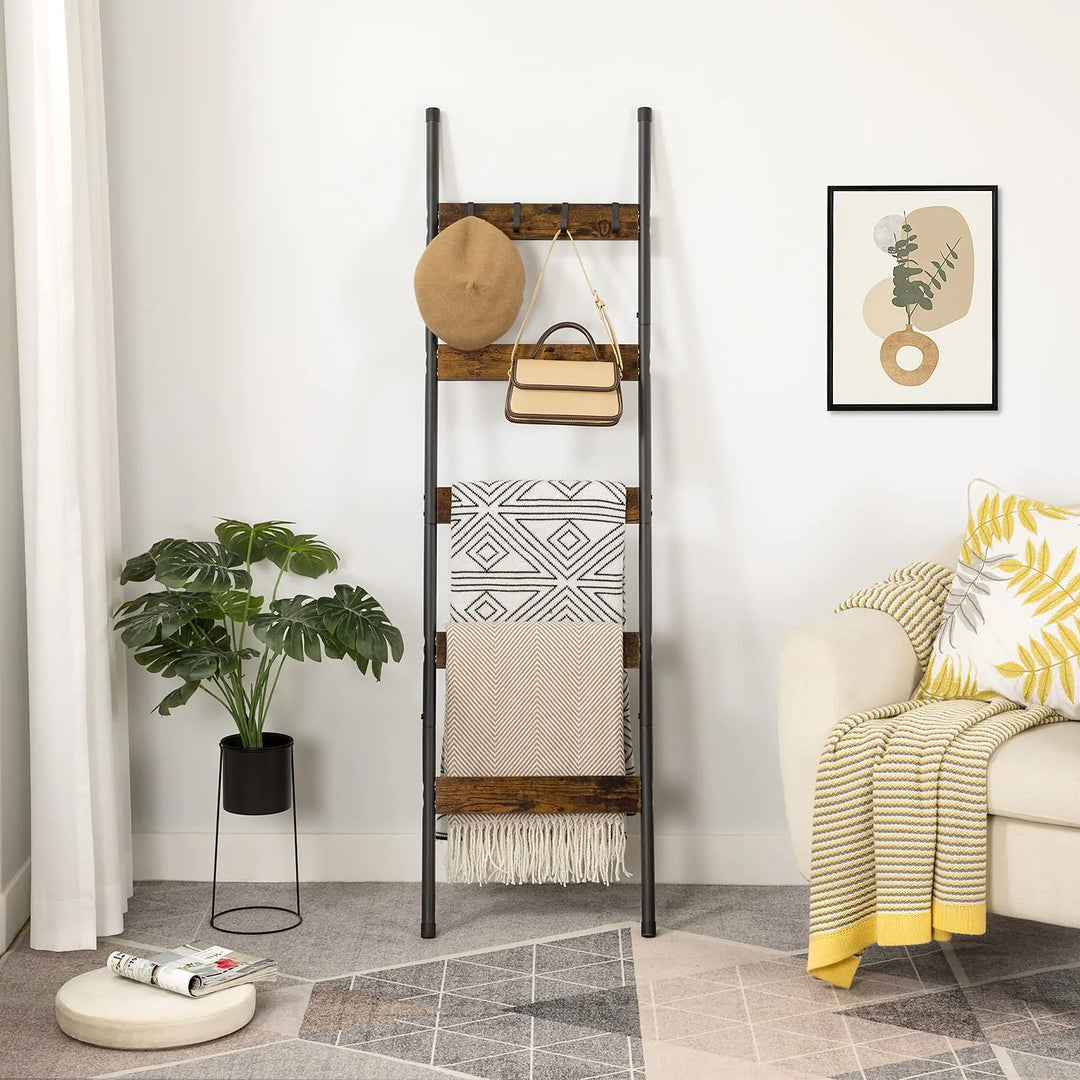 HOOBRO Blanket Ladder, 5-Tier Towel Rack with Hooks, Wall-Leaning