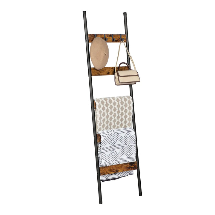 HOOBRO Blanket Ladder, 5-Tier Towel Rack with Hooks, Wall-Leaning