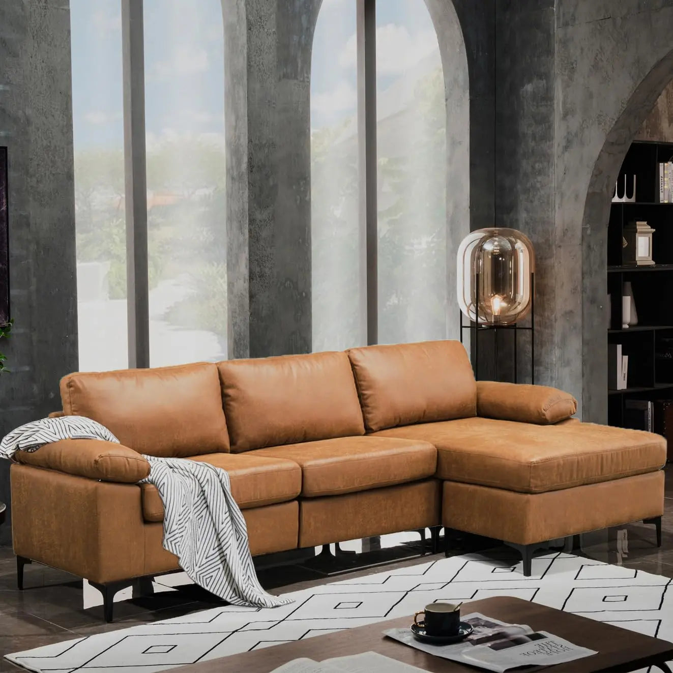 HOOOWOOO Faux Suede Leather L Shaped Couch, 100" Sectional Sofa with Reversible Left/Right Facing Chaise, Modern Comfy Deep Seat - Cognac Brown 
