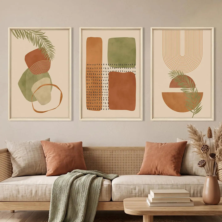 HOURIA Terracotta Sage Green Palm Leaf Framed Canvas Wall Art Set-16"x24"x3
