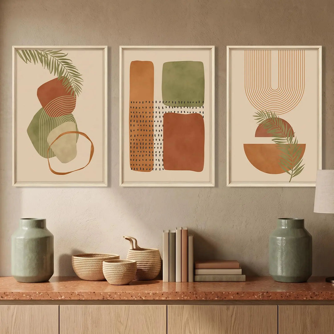 HOURIA Terracotta Sage Green Palm Leaf Framed Canvas Wall Art Set-16"x24"x3