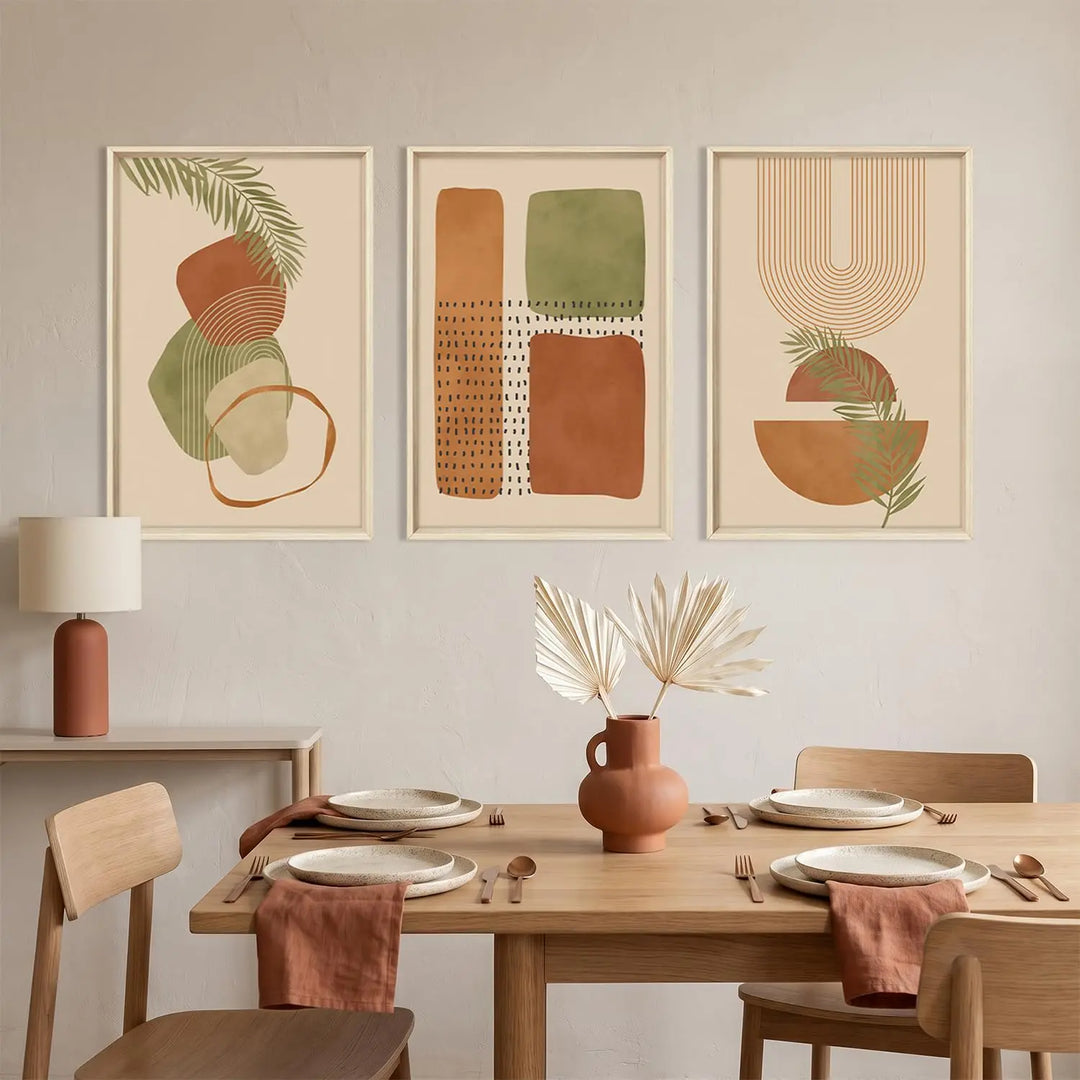 HOURIA Terracotta Sage Green Palm Leaf Framed Canvas Wall Art Set-16"x24"x3
