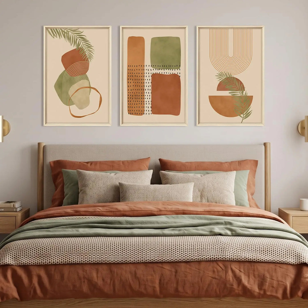 HOURIA Terracotta Sage Green Palm Leaf Framed Canvas Wall Art Set-16"x24"x3