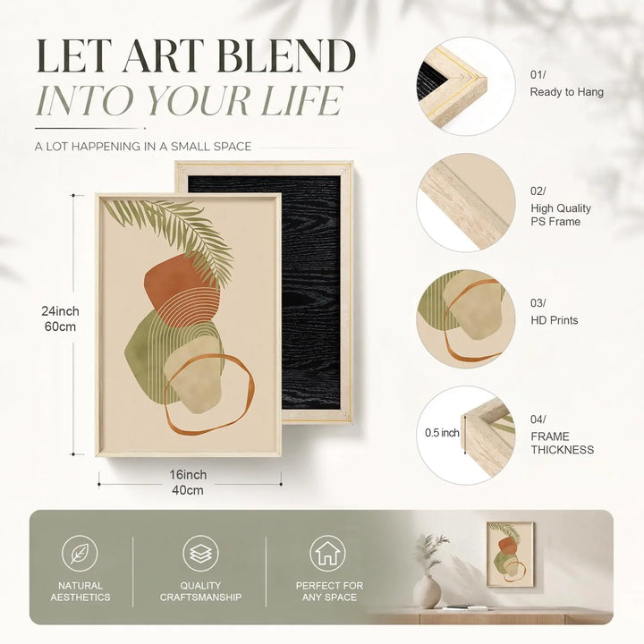 HOURIA Terracotta Sage Green Palm Leaf Framed Canvas Wall Art Set-16"x24"x3