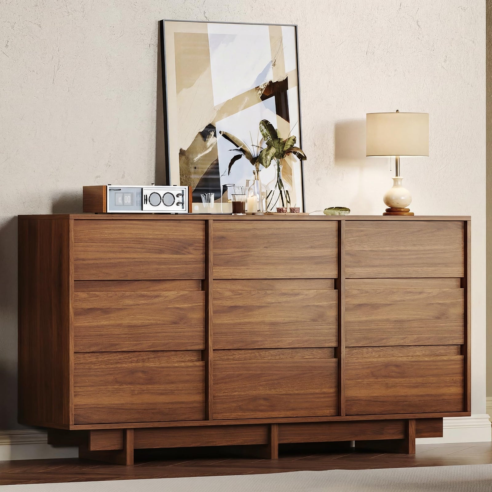 HOUROM Walnut Dresser for Bedroom, 59in Modern 9 Drawer Chest of Drawers 