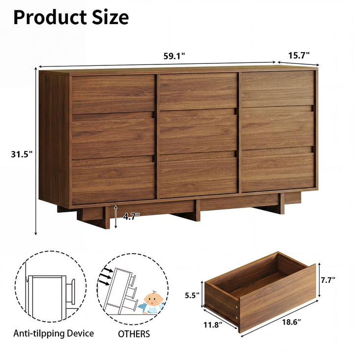 HOUROM Walnut Dresser for Bedroom, 59in Modern 9 Drawer Chest of Drawers 