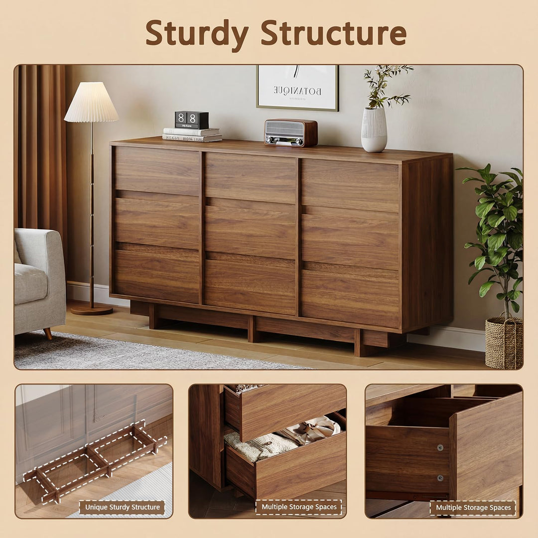 HOUROM Walnut Dresser for Bedroom, 59in Modern 9 Drawer Chest of Drawers 