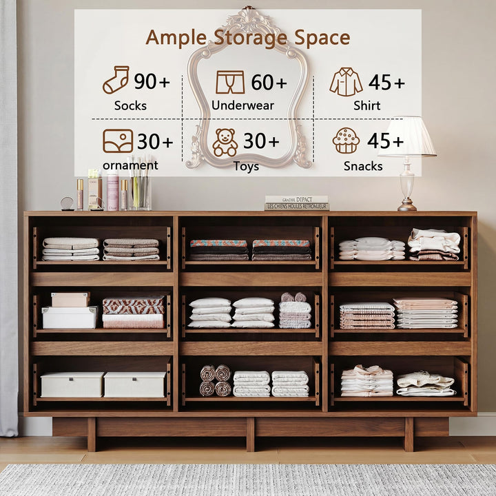 HOUROM Walnut Dresser for Bedroom, 59in Modern 9 Drawer Chest of Drawers 