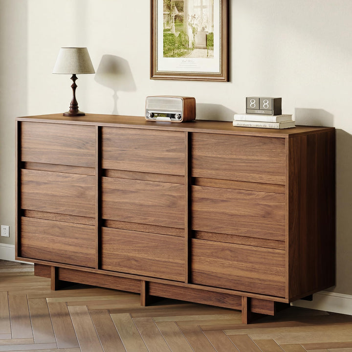 HOUROM Walnut Dresser for Bedroom, 59in Modern 9 Drawer Chest of Drawers 
