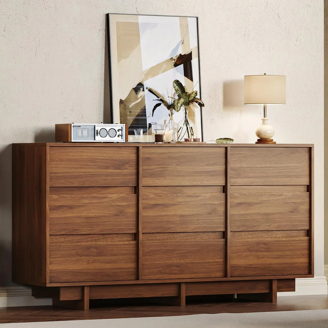 HOUROM Walnut Dresser for Bedroom, 59in Modern 9 Drawer Chest of Drawers 