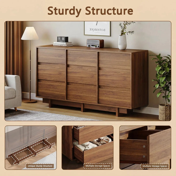 HOUROM Walnut Dresser for Bedroom, 59in Modern 9 Drawer Chest of Drawers 