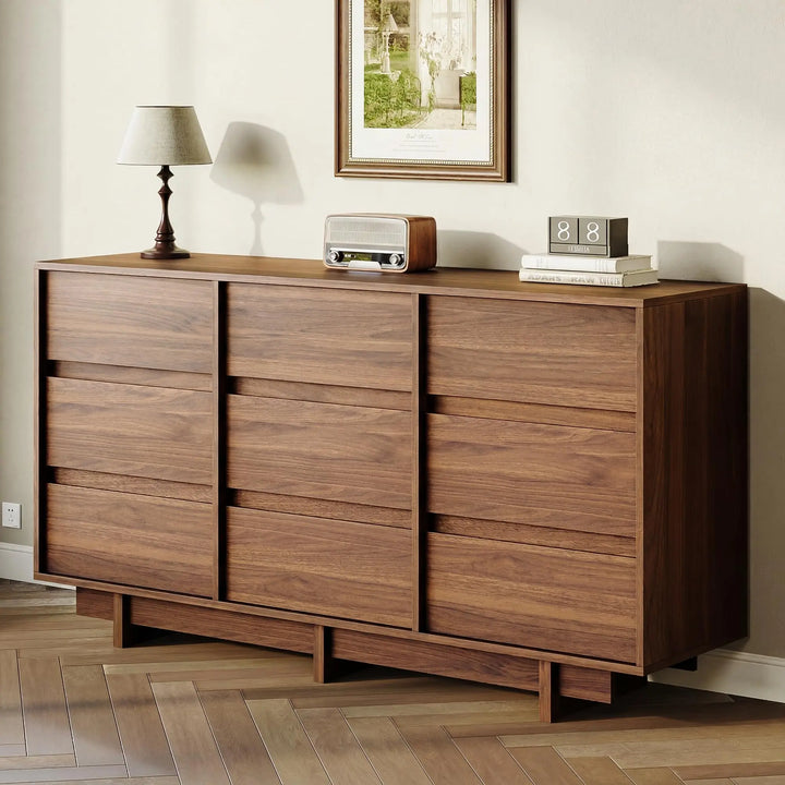 HOUROM Walnut Dresser for Bedroom, 59in Modern 9 Drawer Chest of Drawers 