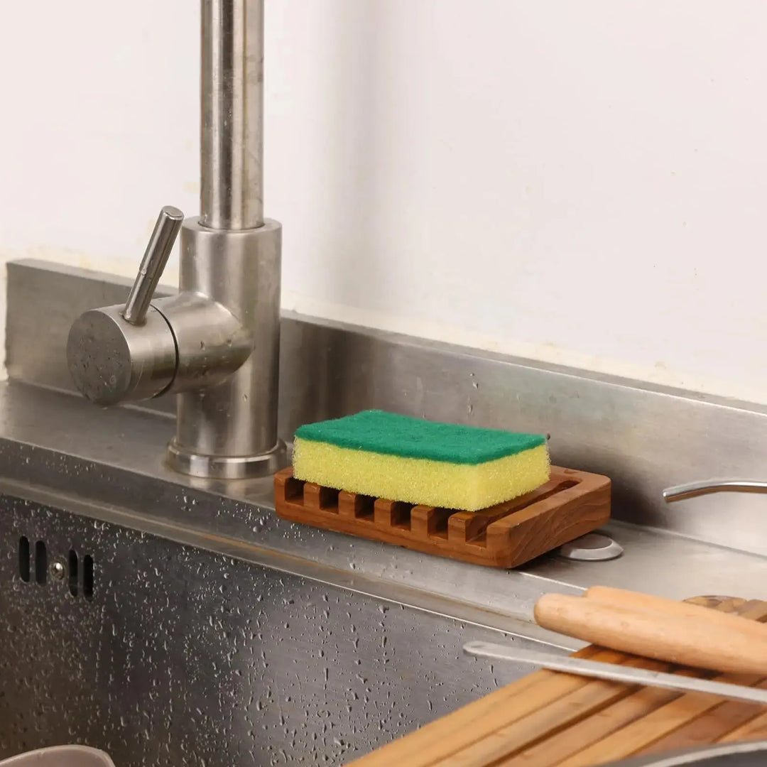 Soap Dish with Slanted Waterfall Design by HTB, Bar Soap Holder Teak Wood, Soap Saver for Shower, Bathroom, Sink, Kitchen and Countertop 