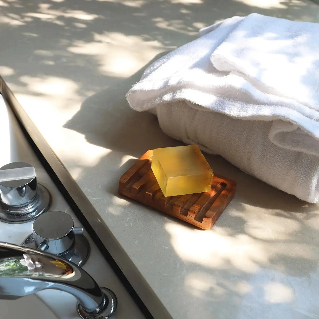 Soap Dish with Slanted Waterfall Design by HTB, Bar Soap Holder Teak Wood, Soap Saver for Shower, Bathroom, Sink, Kitchen and Countertop 