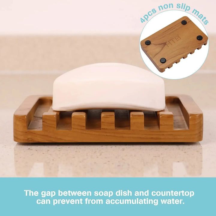Soap Dish with Slanted Waterfall Design by HTB, Bar Soap Holder Teak Wood, Soap Saver for Shower, Bathroom, Sink, Kitchen and Countertop 