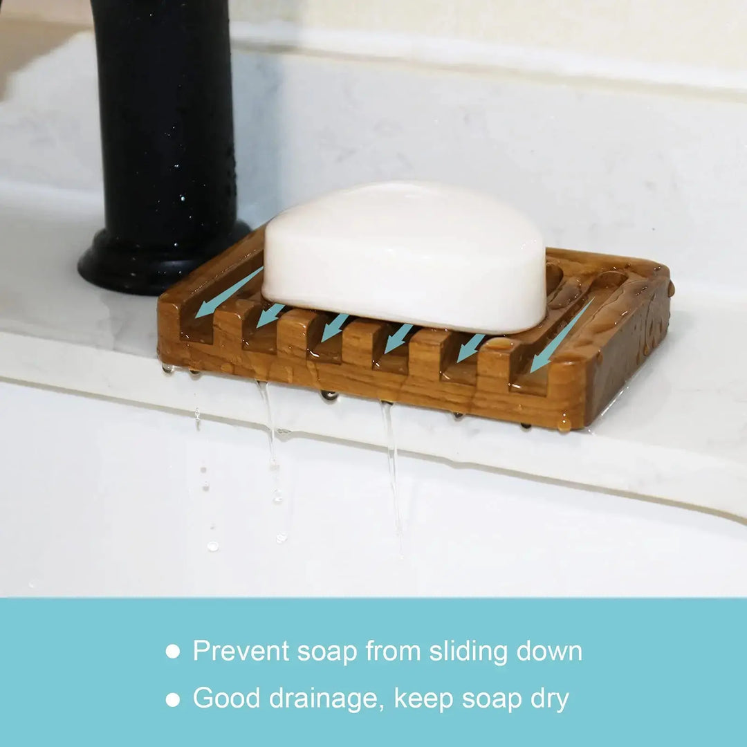 Soap Dish with Slanted Waterfall Design by HTB, Bar Soap Holder Teak Wood, Soap Saver for Shower, Bathroom, Sink, Kitchen and Countertop 